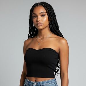 Heart & Hips Classic Black Minimalist festival Ribbed Knit Strapless Crop Top